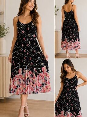 ELLE Women's Black White Polka Dot Pleated Midi Dress with Pink Accents Medium